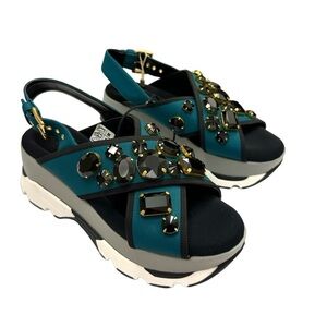 NWT Marni Crystal-Embellished Platform Sandals Emerald Green/Black US 8